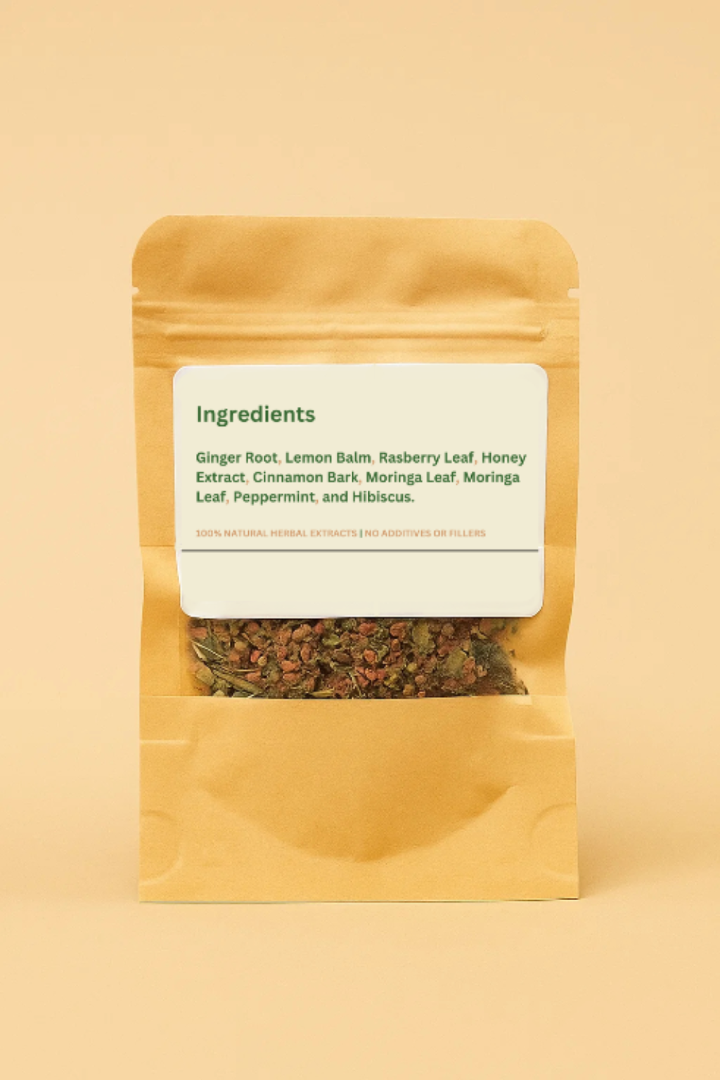 Bag of dried herbs with a label on a beige background
